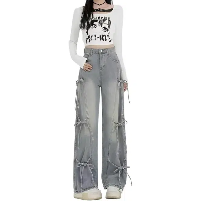 寻星记 美式复古百搭高腰阔腿裤设计感满满适合日常通勤牛仔裤 男女同款