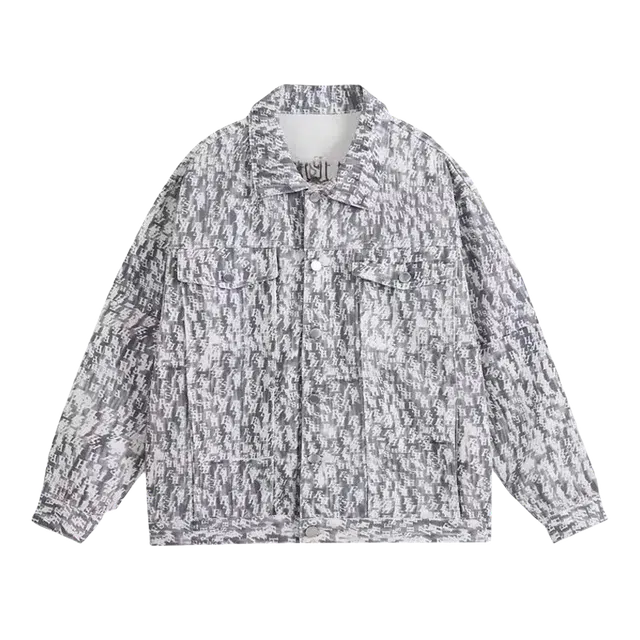 一碗士多 英文字母满印翻领多口袋纽扣拼接褶皱创意设计小众个性百搭美式复古潮流高街痞帅时尚宽松休闲日常户外通勤防风夹克 男女同款