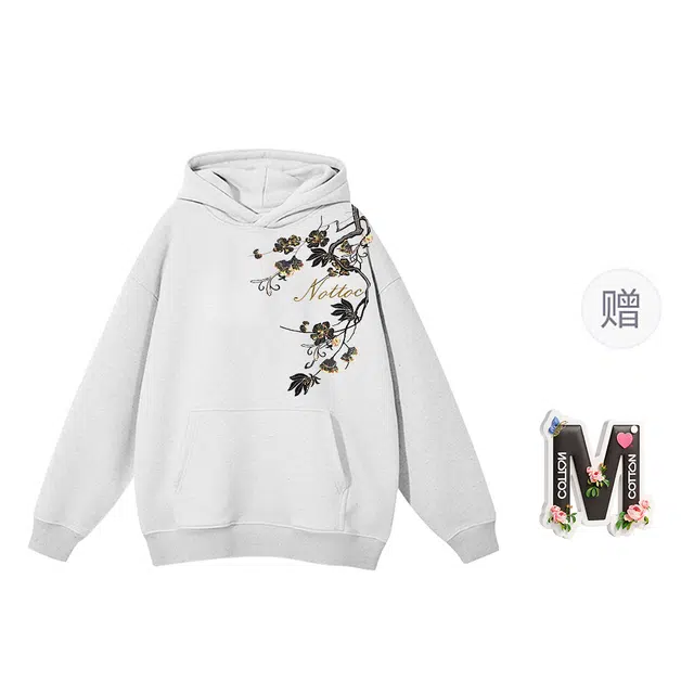 棉购 黑金刺绣连帽上衣万针绣花潮流时尚休闲百搭绒衫学生宽松植物花卉卫衣男 女款