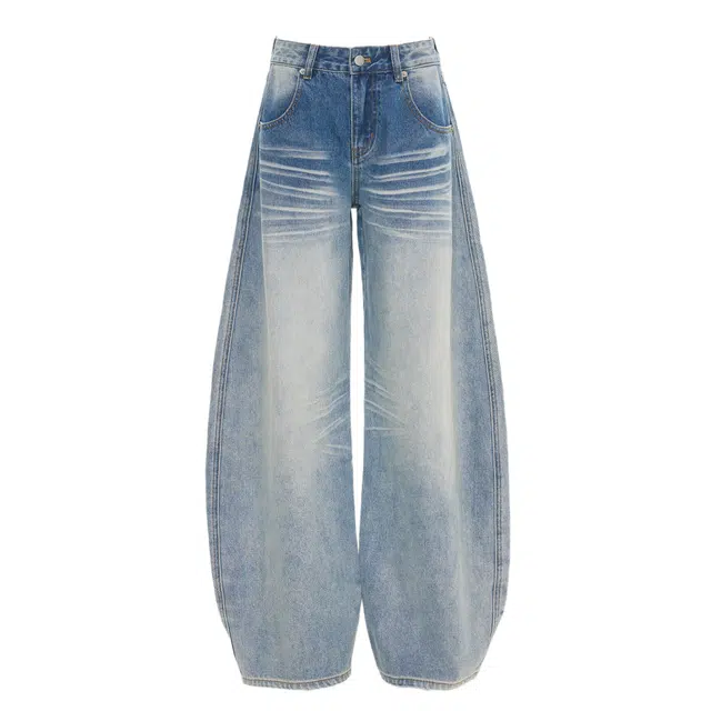 哒头下雨不愁 美式复古高街风时尚百搭高腰宽松显瘦阔腿弯刀牛仔裤 女款