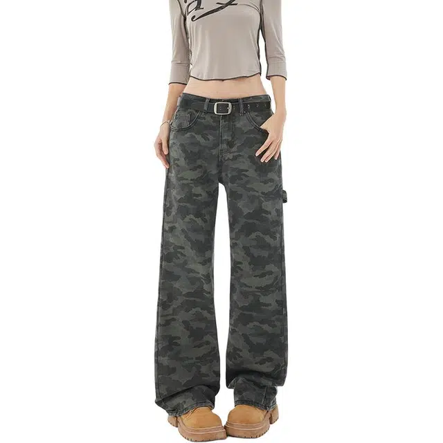 极限涡轮 美式高街迷彩风复古系带宽松休闲直筒工装长裤牛仔裤 男女同款