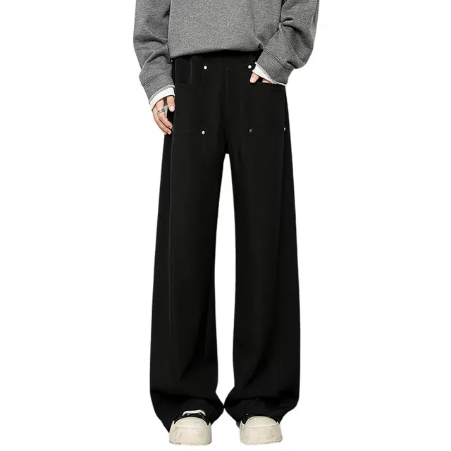 冈哉 铆钉垂感拼接美式复古时尚慵懒日常百搭宽松痞帅个性潮流显高显瘦直筒休闲裤 男女同款