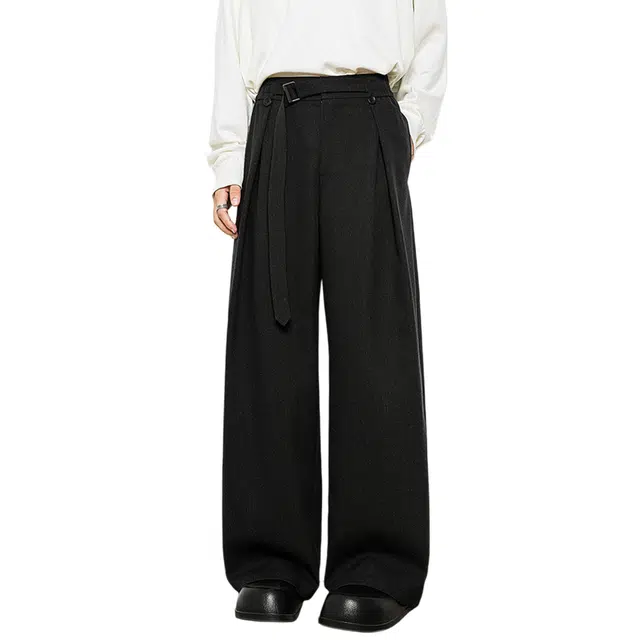 冈哉 美式潮流打褶解构翻边裁剪自带腰带设计垂感拖地时尚宽松阔腿直筒休闲裤 男女同款