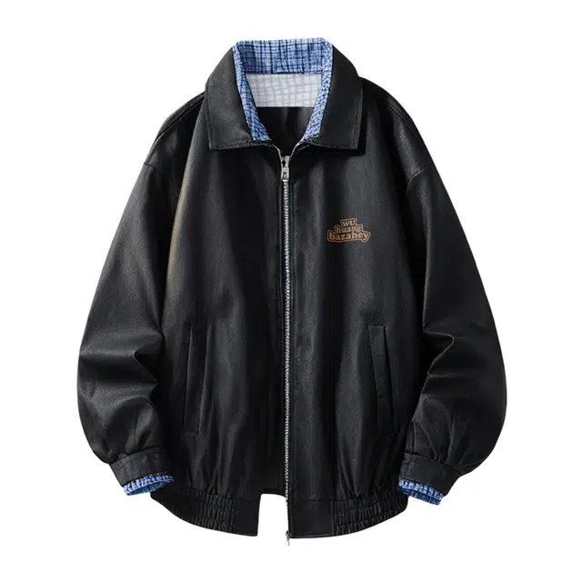 吾皇猫 原创美式复古高街简约基础翻领外套休闲宽松假两件皮衣潮流潮牌格子上衣时尚百搭痞帅高级感夹克 男女同款