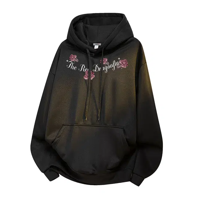 红蜻蜓 美式潮流玫瑰仿刺绣设计感高街植物花卉宽松舒适百搭日常通勤亲肤时尚简约长袖连帽外套卫衣 男女同款