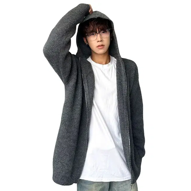 北欧攻略 基础款高品质慵懒风松弛感痞帅软糯舒适纯色毛线衣开衫拉链连帽外套休闲宽松百搭长袖针织衫 男女同款
