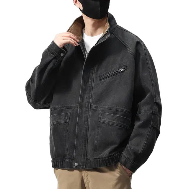 一碗士多 纯色水洗做旧多口袋拼接拉链装饰立领撞色创意个性小众设计时尚百搭宽松休闲日常户外通勤潮流高街工装夹克 男女同款