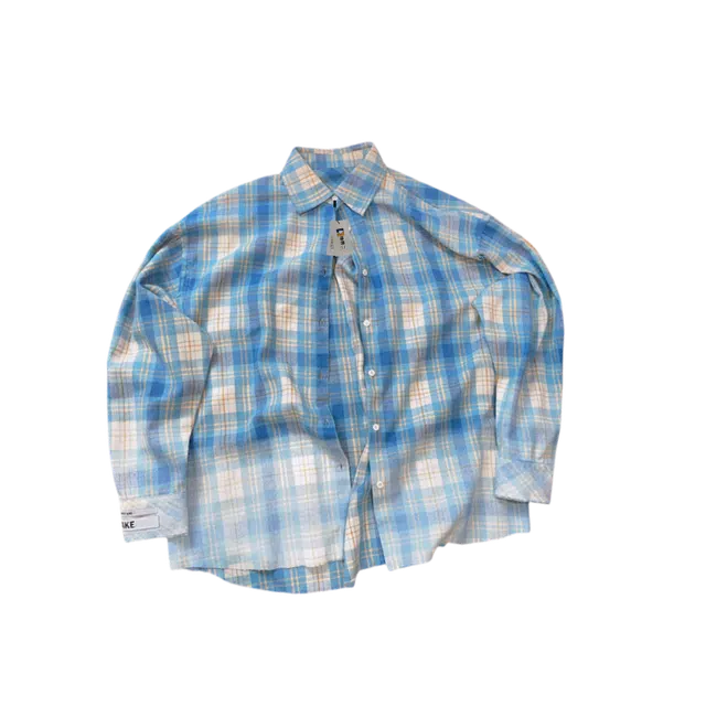 地界二 美式复古做旧毛边蓝色格子男秋季潮牌百搭休闲宽松长袖衬衣复古做旧毛边格子长袖潮衬衫 男款