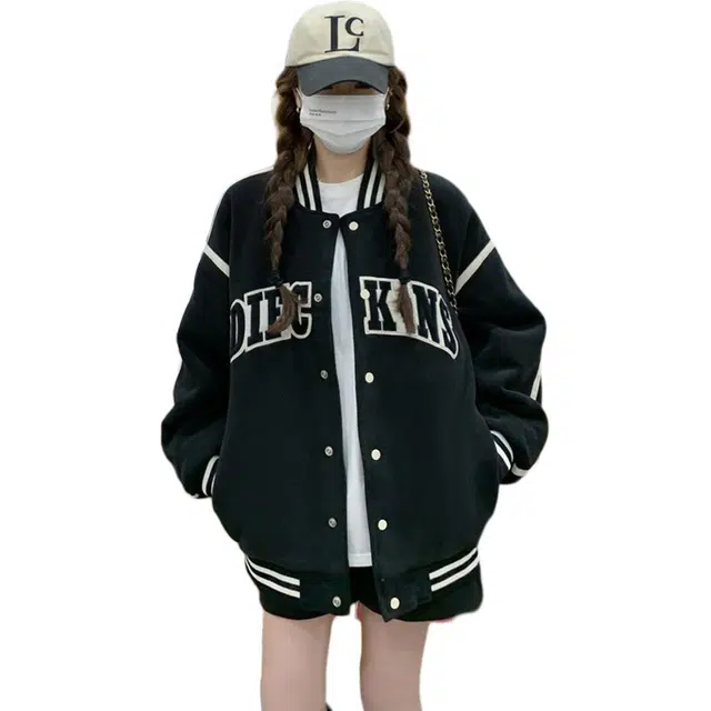 邓大喵 美式复古外套女春秋季韩版学院风减龄夹克上衣棒球服 女款