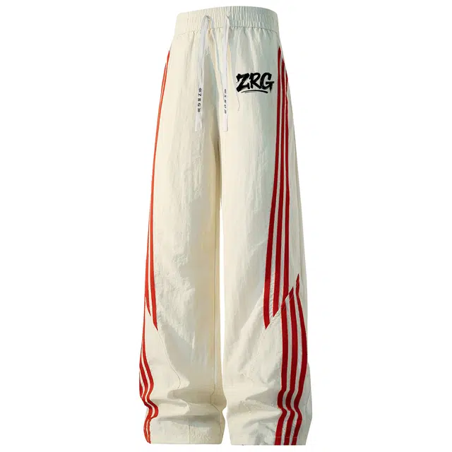 梓润格 弧形贴布字母抽绳宽松直筒裤夏季薄款美式复古运动侧边撞色拼接三条杠高街痞帅机能风百搭休闲裤 男女同款