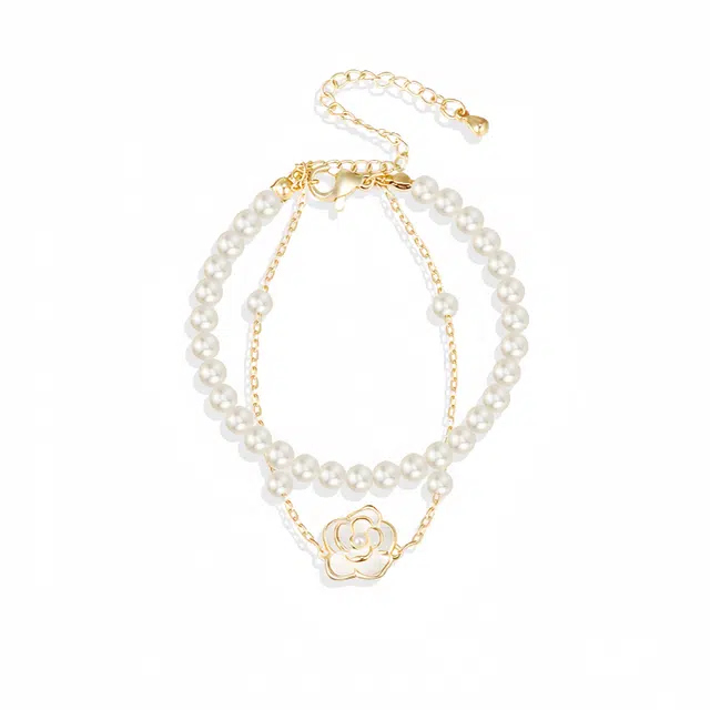 阿葱饰品 山茶花珍珠 法式浪漫梦幻双层叠戴精致优雅温柔甜美显白气质时尚高级感 小众设计新中式请冷感日常百搭手饰#好运 铜 手链 女款