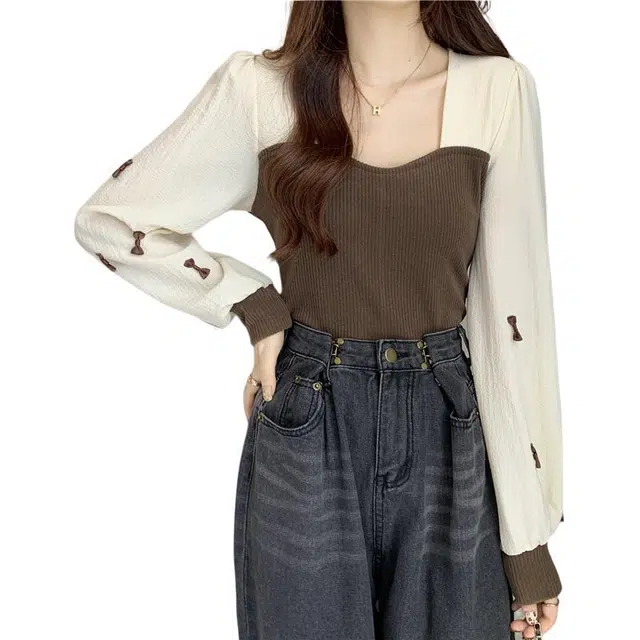 缪斯的诱惑 法式别致内搭小衫洋气锁骨方领长袖打底上衣女设计感小众衬衫早秋针织衫 女款