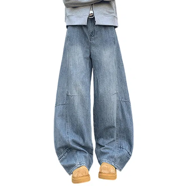 冈哉 美式复古纯色做旧褶皱拼接弯刀设计时尚高街垂感宽松百搭高级感潮牌舒适阔腿裤牛仔裤 男女同款