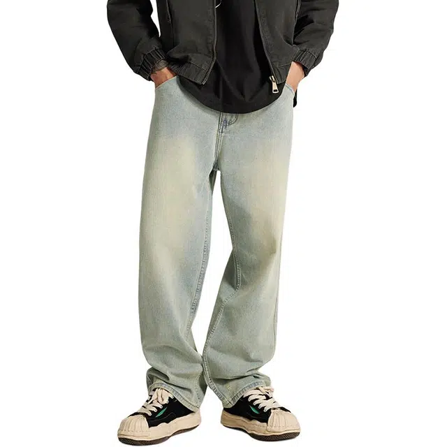 潮人榜 美式复古高街休闲长裤男士宽松五袋款简约窄版直筒牛仔裤 男女同款