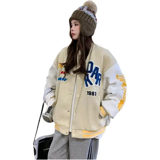 邓大喵 美式复古字母刺绣拼接女春季潮流百搭学生夹克外套棒球服 女款