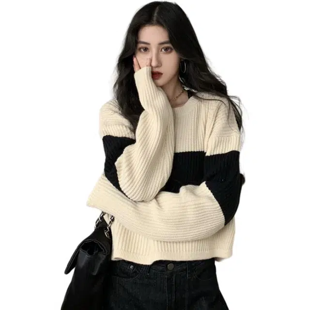 缪斯的诱惑 韩系宽松慵懒风百搭条纹拼色长袖套头女针织衫 女款