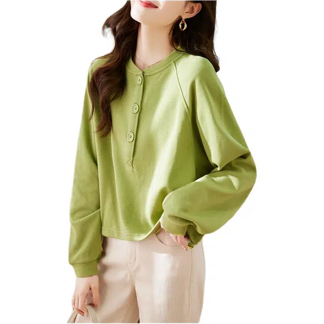 沐晓欣 纯色圆领套头春休闲时尚小清新三粒扣女长袖衫卫衣 女款