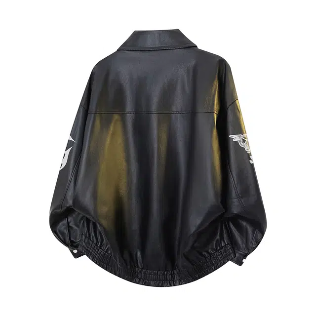 金贝勒 美式复古高街字母印花潮牌时尚机车翻领港味宽松休闲百搭痞帅工装皮衣 男女同款