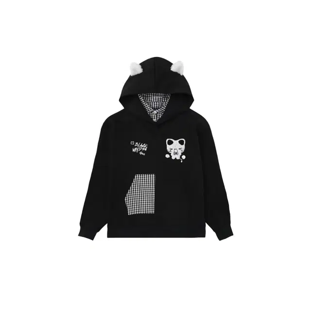 敲模女孩 学院风格子拼接假两件连帽猫咪刺绣设计感卫衣 女款