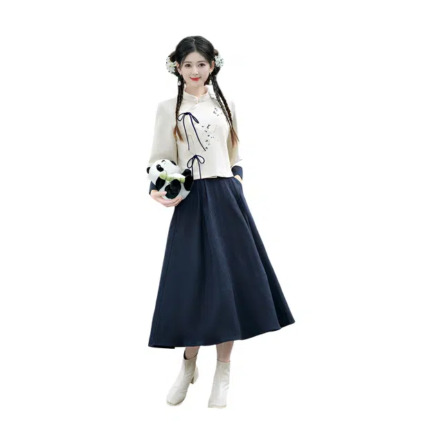 荟萃阁 新中式国潮知意斜襟立领系带改良刺绣汉服长袖上衣半身裙裙装套装 女款