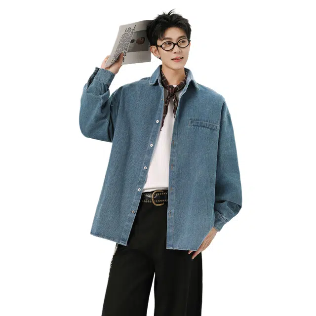 佐菲利 美式复古水洗做旧简约工装衬衫潮牌衬衣休闲上衣牛仔外套 男女同款