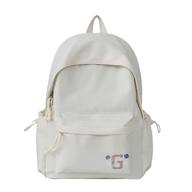 蔻蒂熊 书包韩系学院风纯色字母百搭小学初中高中学生轻便电脑背包 尼龙布 双肩包 常规 青少年 米白色/黑色/卡其色/绿色/蓝色/粉色