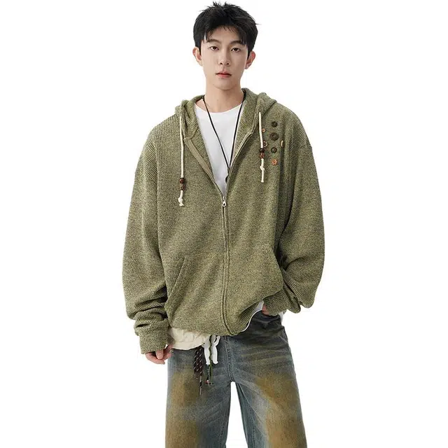 佐菲利 美式复古设计感针织外套潮牌慵懒风连帽上衣款式开衫卫衣 男女同款