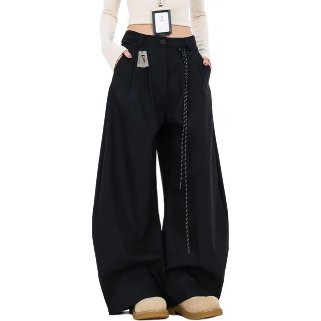 地界二 美式高街潮牌褶皱设计感弯刀西裤男街头痞帅宽松阔腿镰刀裤褶皱设计感弯刀痞帅纯色青春活力风中腰长裤休闲裤 男款