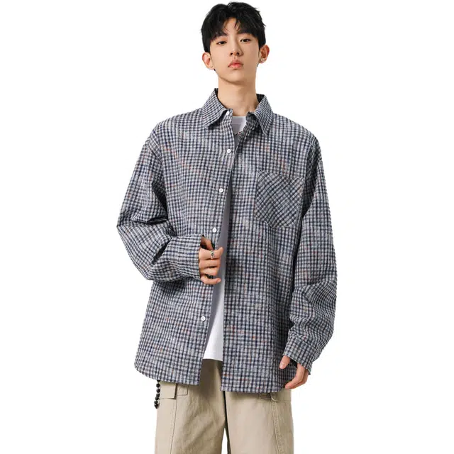 瑞梵帝斯 美式复古学院风简约高级感格子纹设计时尚百搭宽松翻领单排扣痞帅泡泡纱长袖防晒外套冰丝凉感男生衬衫 男款
