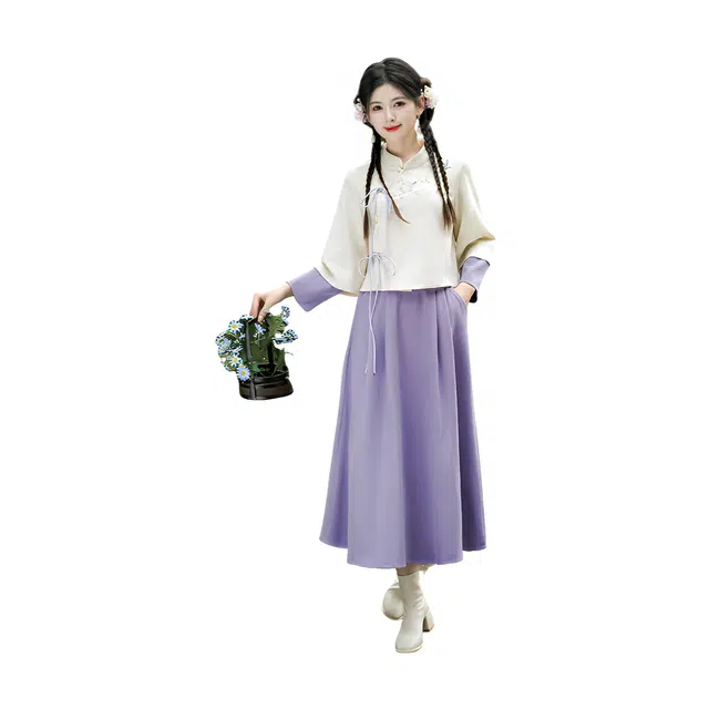 荟萃阁 新中式汉服梦蝶紫斜襟系带改良刺绣加厚长袖半身裙女裙装套装 女款