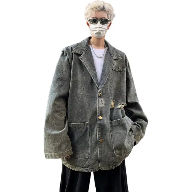 地界二 慵懒风宽松复古水洗百搭破洞夹克男士秋季潮牌做旧西装领宽松复古水洗纯色散口袖日式牛仔外套 男款