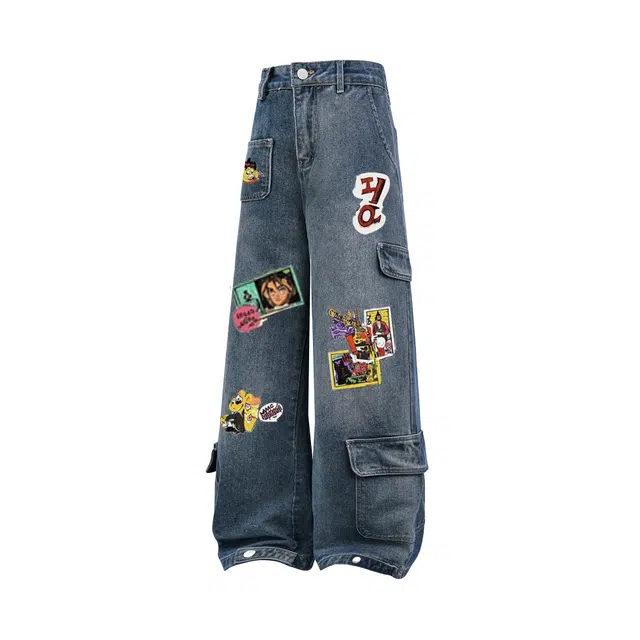 金贝勒 美式高街复古漫画贴纸阔腿嘻哈港味宽松潮流垂感百搭休闲工装大口袋拖地直筒个性印花做旧水洗设计牛仔裤 男女同款
