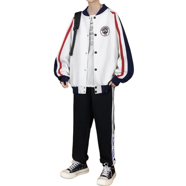 一碗士多 线条拼接撞色图案印花单排扣创意设计潮流时尚个性小众百搭宽松美式复古学院风日常户外通勤防风保暖休闲运动套装 男女同款