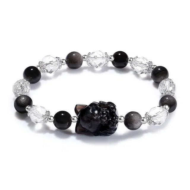 【普陀山官方已过香】 普陀山文创 富贵盈门黑发晶九尾狐招财进宝貔貅日进斗金八方来财事业有成银曜石#好运 黑曜石 手串 男女同款情侣款