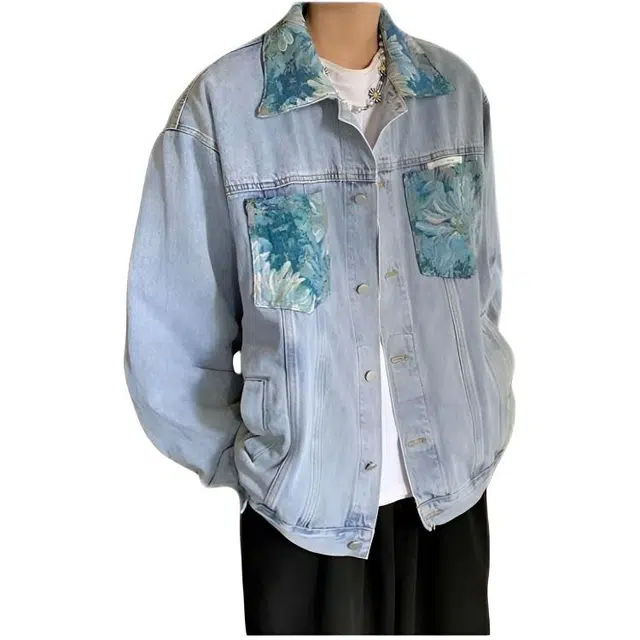 木木兔 美式拼接牛仔时尚重磅潮牌小众设计感宽松百搭夹克外套 男款