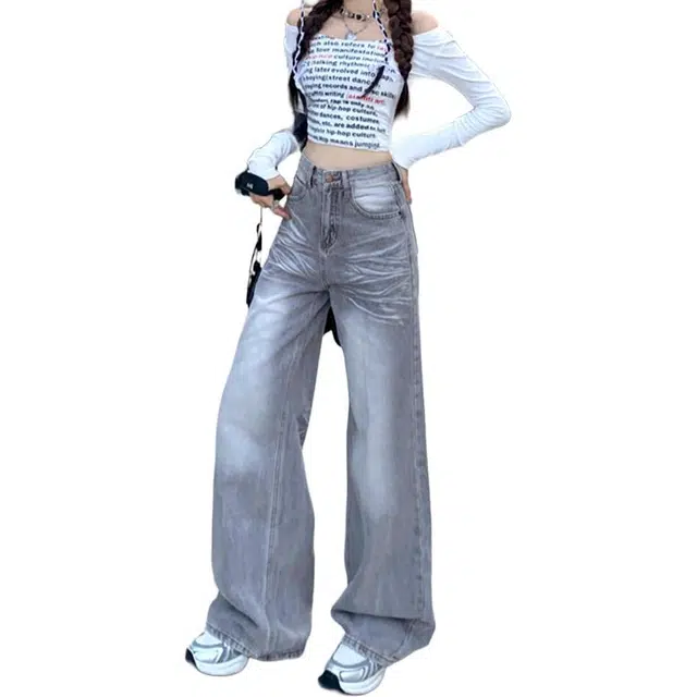 如续 如续秋季温柔氛围慵懒松弛波纹灰阔腿裤牛仔裤 女款