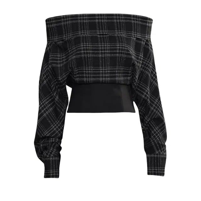 哒头下雨不愁 慵懒复古风秋季黑白撞色格纹一字肩收腰长袖截短上衣 女款