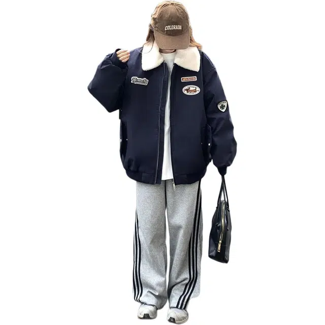 邓大喵 美式加棉加厚外套女秋冬翻领拼色绣标宽松保暖棉服棒球服 女款