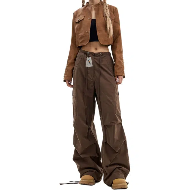 地界二 美式复古机能风多口袋工装裤男潮牌松紧腰抽绳休闲宽松直筒长裤多口袋工装复古纯色青春活力风松紧腰长裤牛仔裤 男款