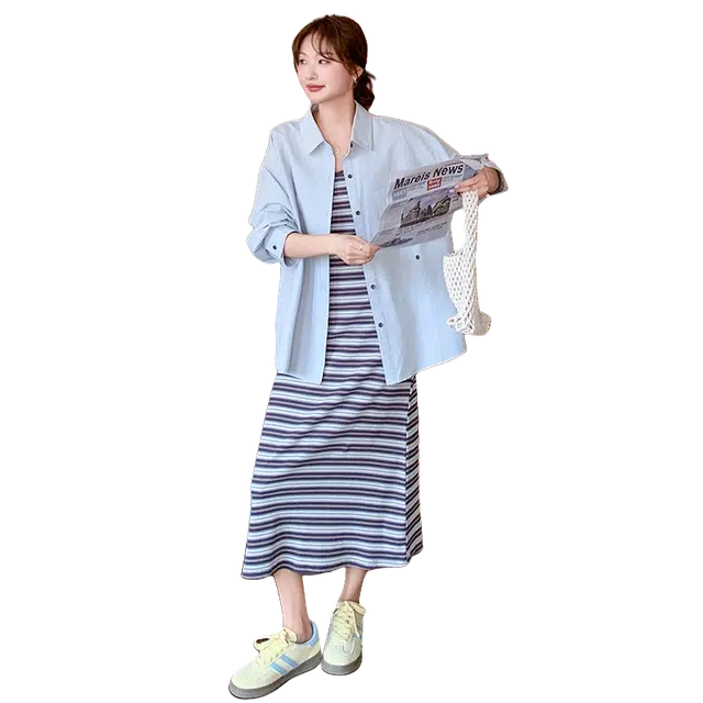 稻草人 韩系慵懒风条纹吊带连衣裙设计感衬衫裙两件套裙装套装 女款