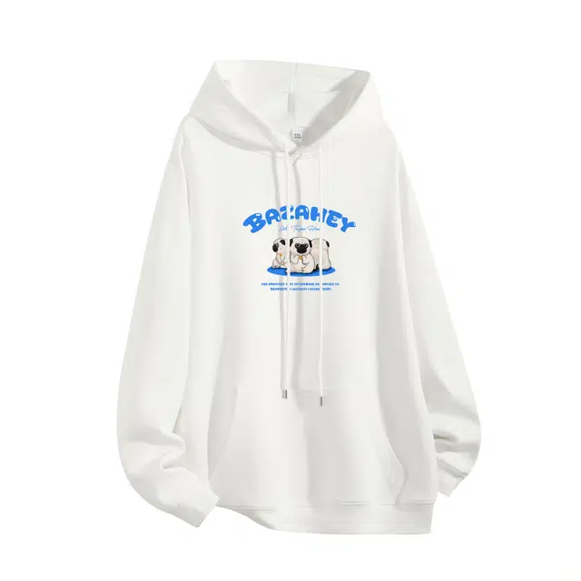 吾皇猫 纯色卡通动漫巴扎黑创意字母印花宽松复古潮牌连帽套头舒适打底长袖卫衣 男女同款