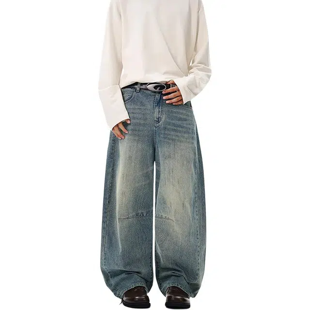 么宁 美式复古水洗弯刀裤舒适透气耐穿耐磨宽松直筒裤潮流时尚个性痞帅休闲阔腿牛仔裤 男女同款
