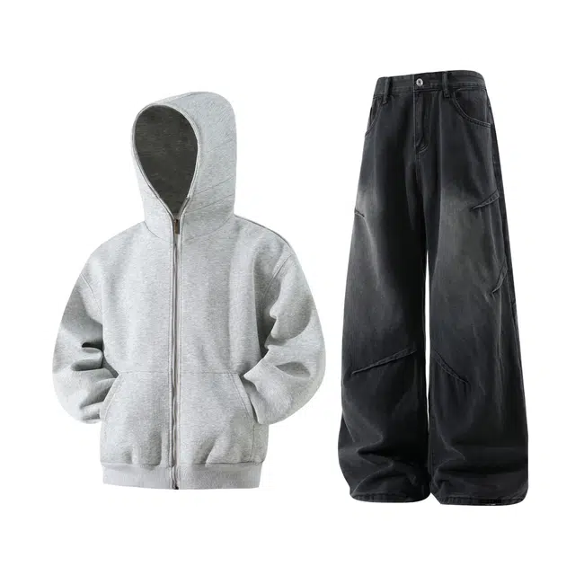 梓润格 美式校园休闲日常简约连帽宽松百搭氛围感慵懒风高级加绒大码直筒阔腿裤重磅帽子结构开衫舒适高街酷飒帅气潮流卫衣套装 男女同款