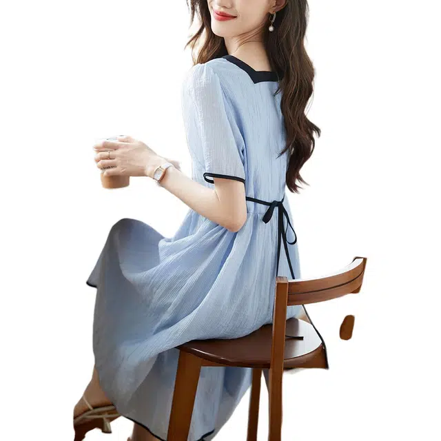 沫晗依美 中腰泡泡袖拼接短袖连衣裙 女款 蓝色