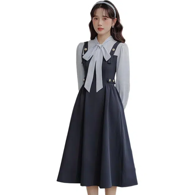 柏黛妃 年秋春季假两件蝴蝶结细带拼接长裙女长袖连衣裙 女款