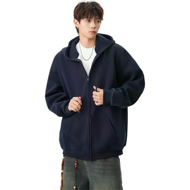 北极绒 美式灰色假两件条纹外套男潮牌秋季宽松休闲情侣百搭开衫卫衣 男女同款