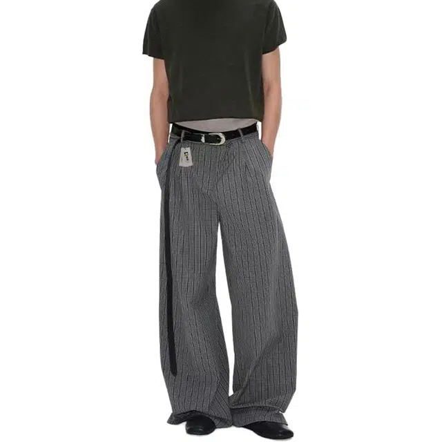 地界二 美式潮牌复古老钱风格纹灰色西裤男街头垂感宽松阔腿裤复古老钱风格灰色纯色青春活力风中腰长裤休闲裤 男款