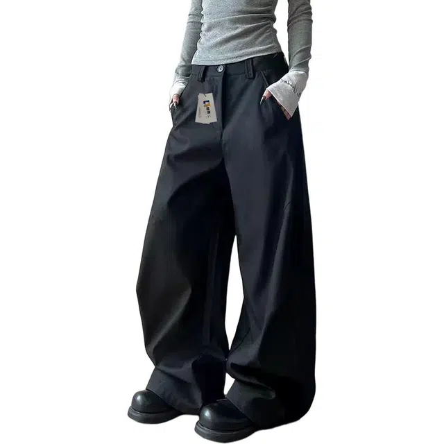 地界二 美式高级感褶皱弯刀西裤男高街复古宽松百搭直筒阔腿裤褶皱复古宽松青春活力风弯刀裤中腰长裤休闲裤 男款