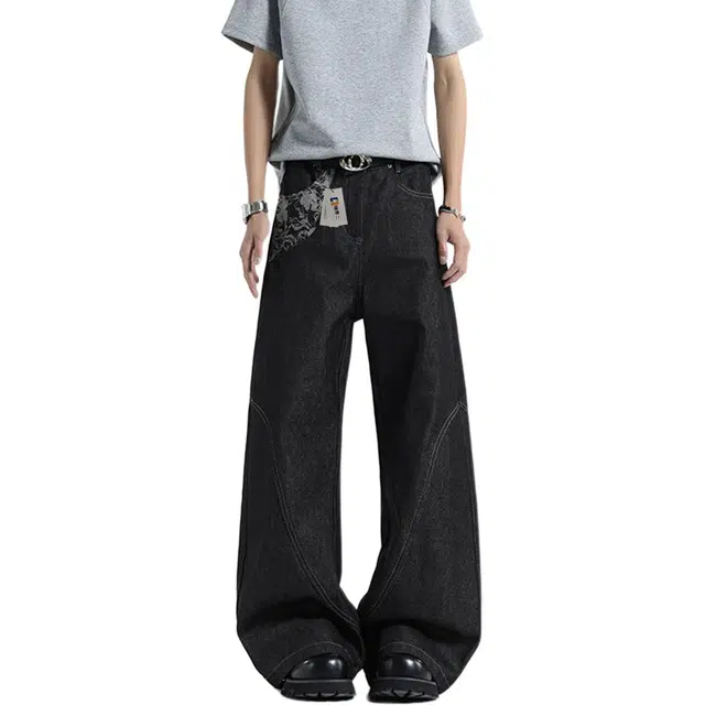 地界二 美式复古水洗黑色直筒男高街潮牌蛇纹口袋宽松阔腿休闲裤水洗黑色直筒宽松潮流中腰长裤牛仔裤 男款