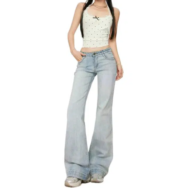 淑好百 浅蓝色竹节纹复古中低腰牛仔裤 女款